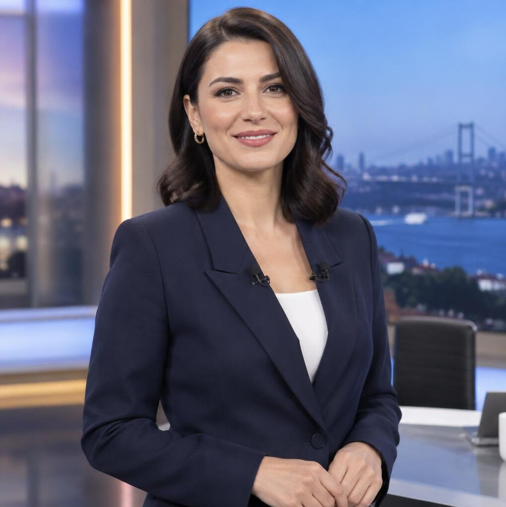 Confident woman TV presenter in a business jacket smiling in a studio