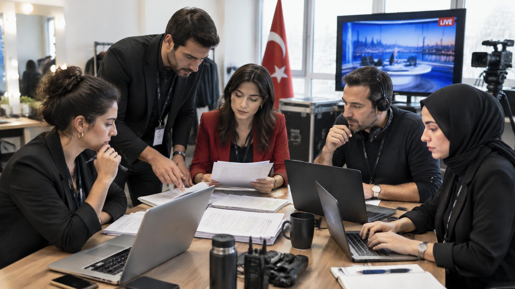Team meeting around a table with laptops and notes