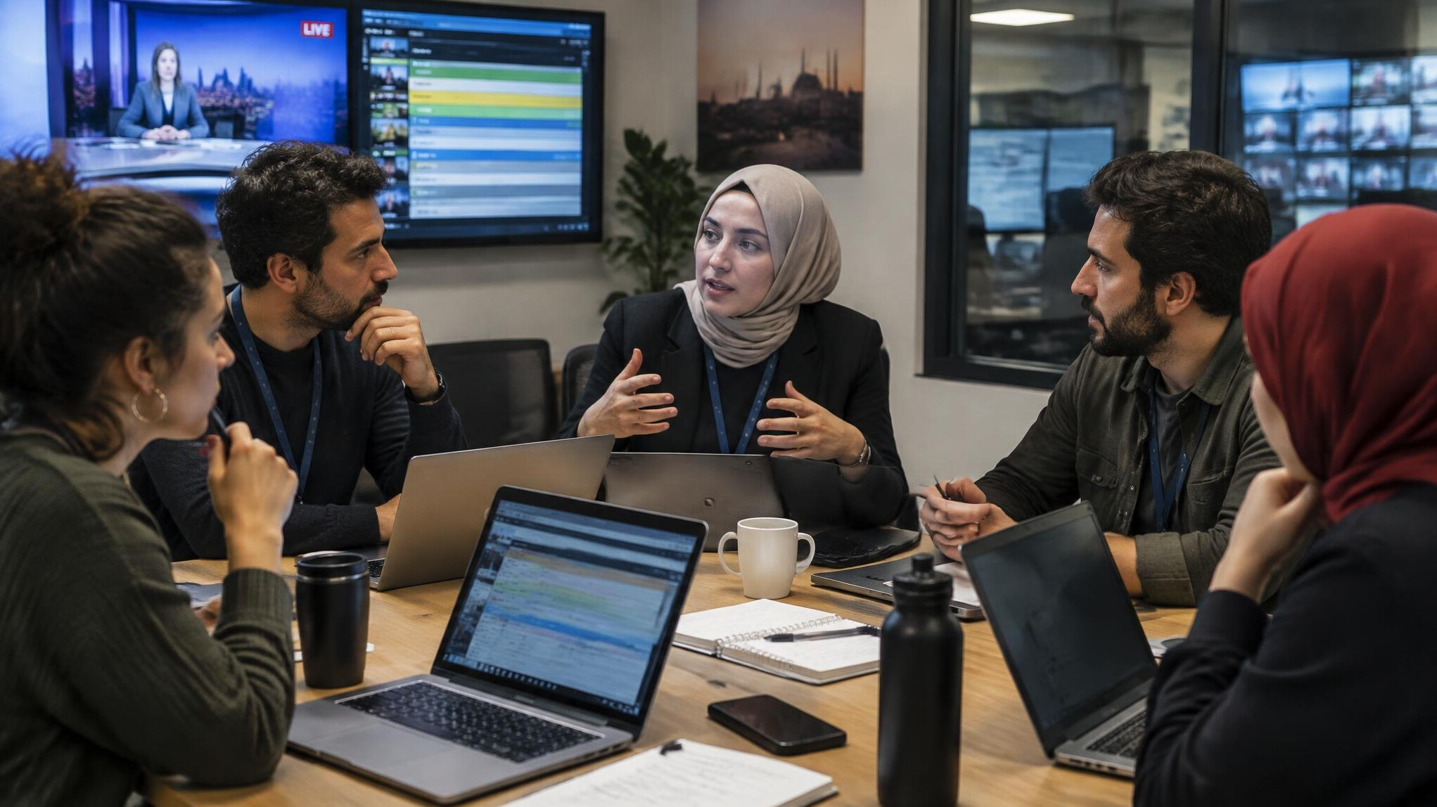 Team of producers working together on laptops